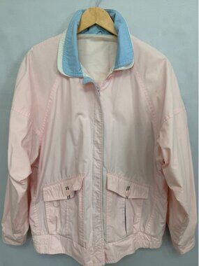 Vintage London Fog Windbreaker Jacket Women's L Pastel Baby Pink Blue 80s Retro